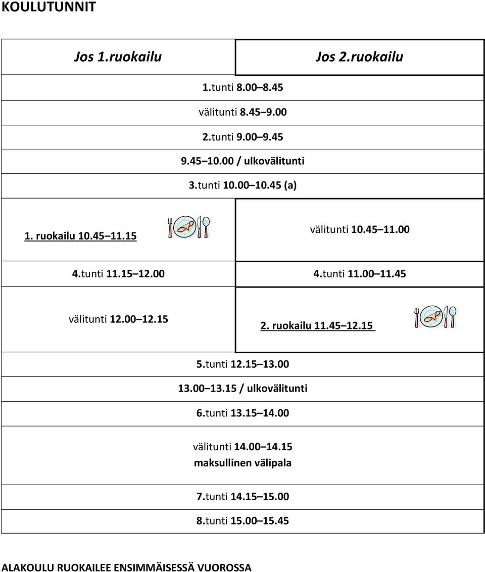 45 välitunti 12.00 12.15 2. ruokailu 11.45 12.15 5.tunti 12.15 13.00 13.00 13.15 / ulkovälitunti 6.tunti 13.15 14.