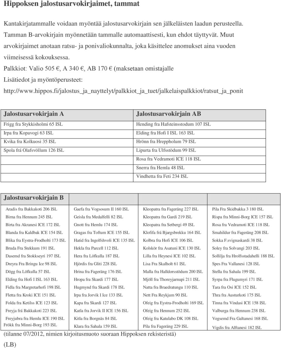 Palkkiot: Valio 505, A 340, AB 170 (maksetaan omistajalle Lisätiedot ja myöntöperusteet: http://www.hippos.