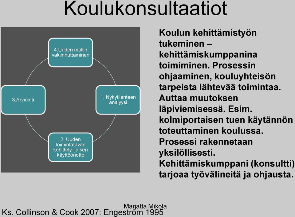 Prosessin ohjaaminen, kouluyhteisön tarpeista lähtevää toimintaa. Auttaa muutoksen läpiviemisessä. Esim.