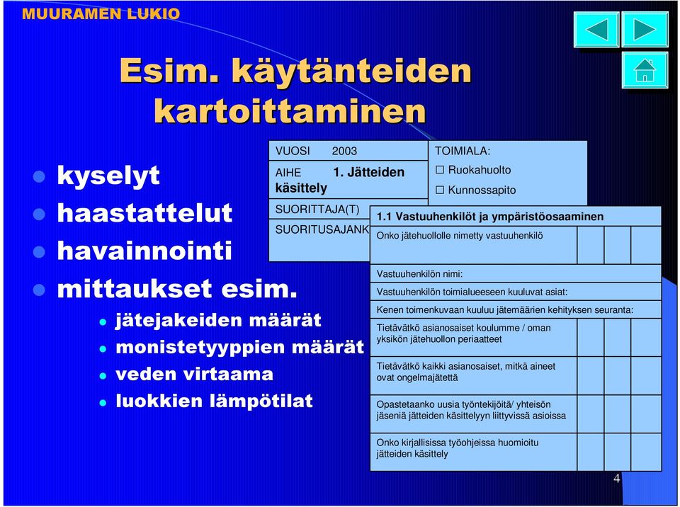 1 Vastuuhenkilöt ja ympäristöosaaminen SUORITUSAJANKOHTA Onko jätehuollolle Hallinto nimetty vastuuhenkilö Opetus Vastuuhenkilön nimi: Vastuuhenkilön toimialueeseen kuuluvat asiat: Kenen