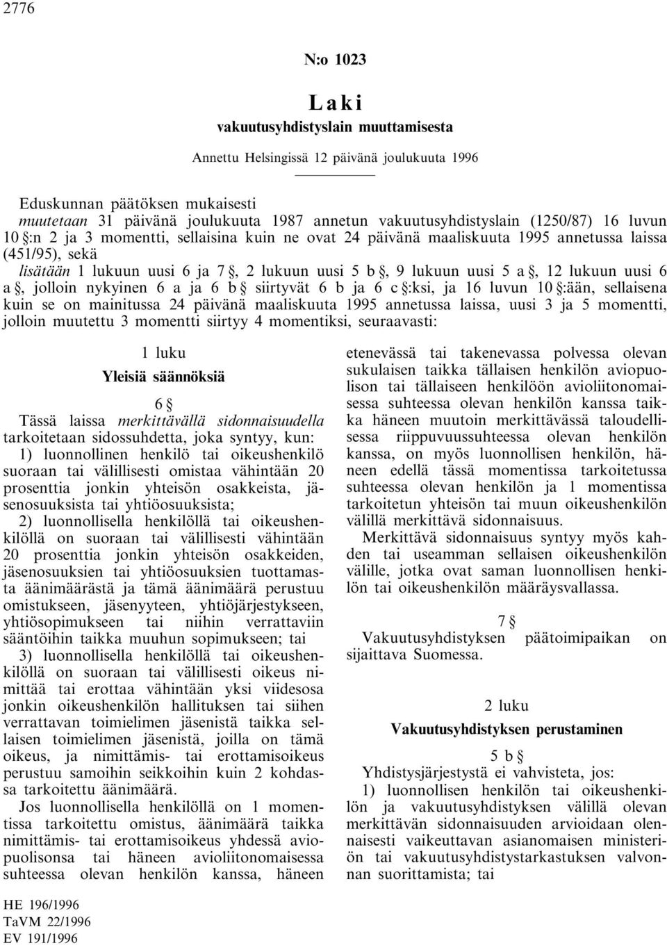 lukuun uusi 6 a, jolloin nykyinen 6 a ja 6 b siirtyvät 6 b ja 6 c :ksi, ja 16 luvun 10 :ään, sellaisena kuin se on mainitussa 24 päivänä maaliskuuta 1995 annetussa laissa, uusi 3 ja 5 momentti,