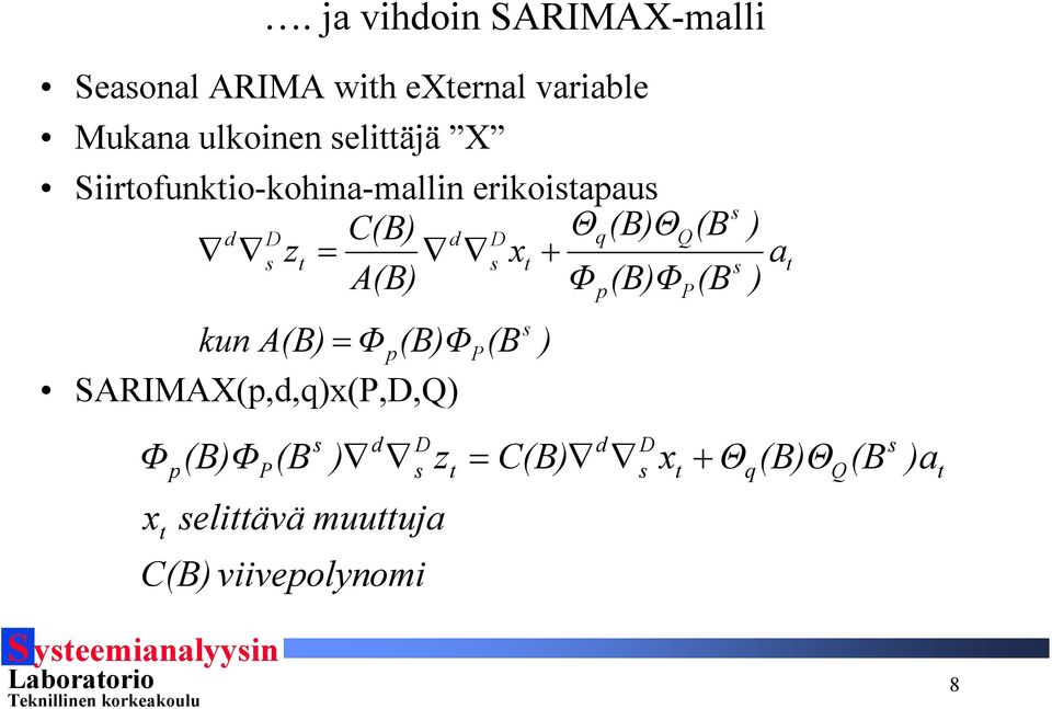A() Φ ()Φ kun A() = Φp()Φ SARIMAX(p,d,q)x(P,D,Q) P ( s ) p Q P ( ( s s ) ) a s d