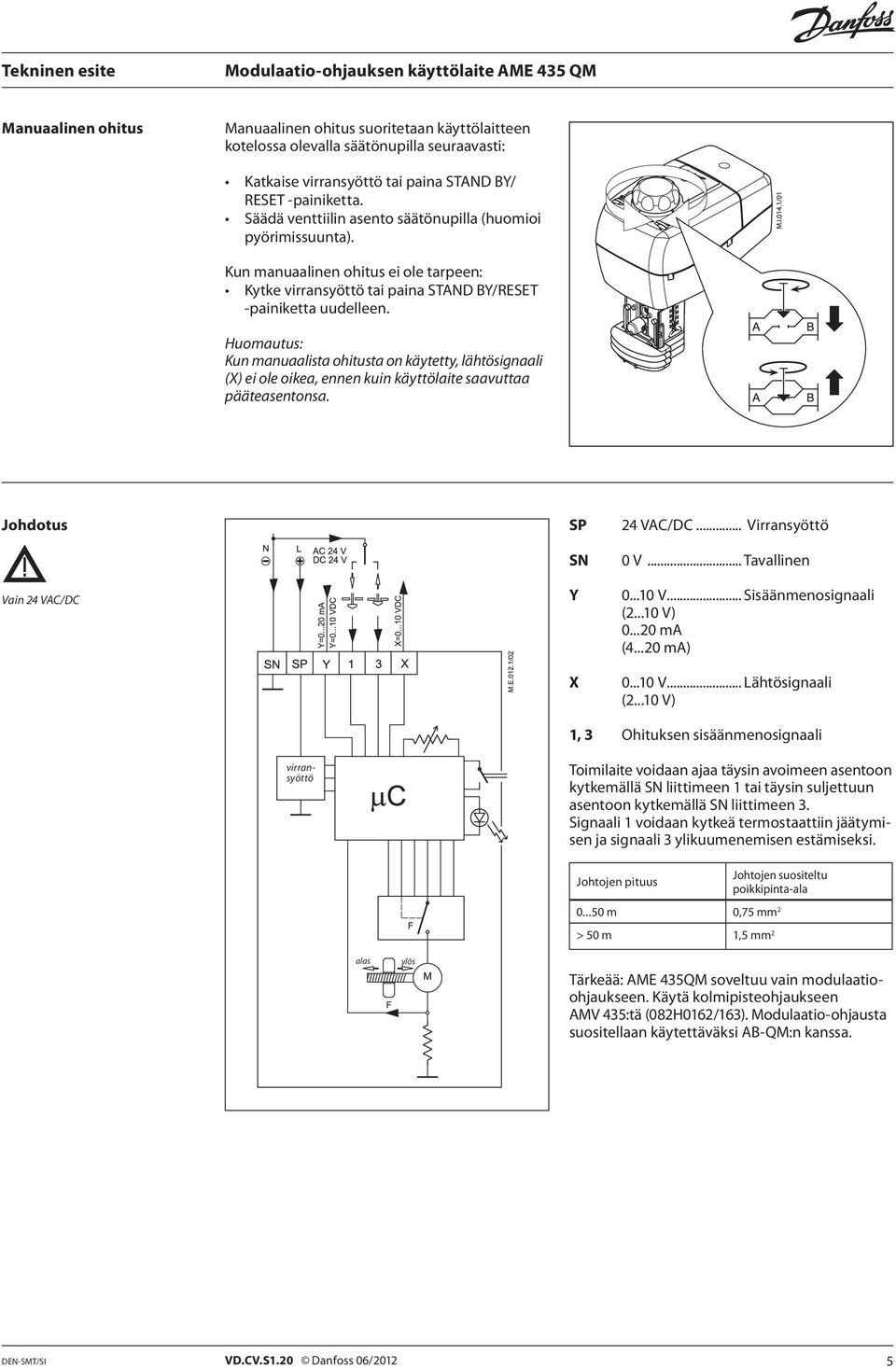 Huomautus: Kun manuaalista ohitusta on käytetty, lähtösignaali (X) ei ole oikea, ennen kuin käyttölaite saavuttaa pääteasentonsa. Johdotus Vain 24 VAC/DC SP SN Y X 24 VAC/DC... Virransyöttö 0 V.