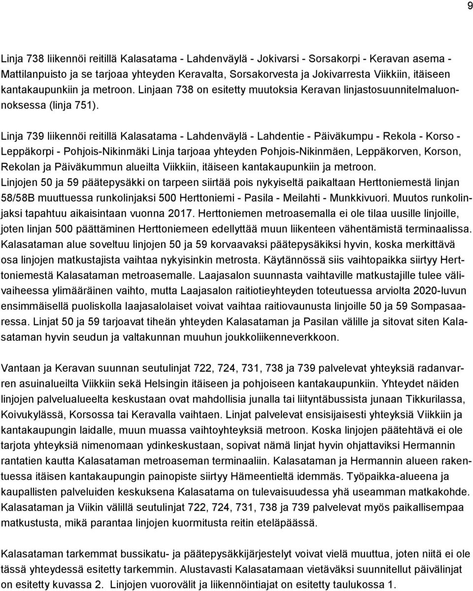 Linja 739 liikennöi reitillä Kalasatama Lahdenväylä Lahdentie Päiväkumpu Rekola Korso Leppäkorpi PohjoisNikinmäki Linja tarjoaa yhteyden PohjoisNikinmäen, Leppäkorven, Korson, Rekolan ja Päiväkummun