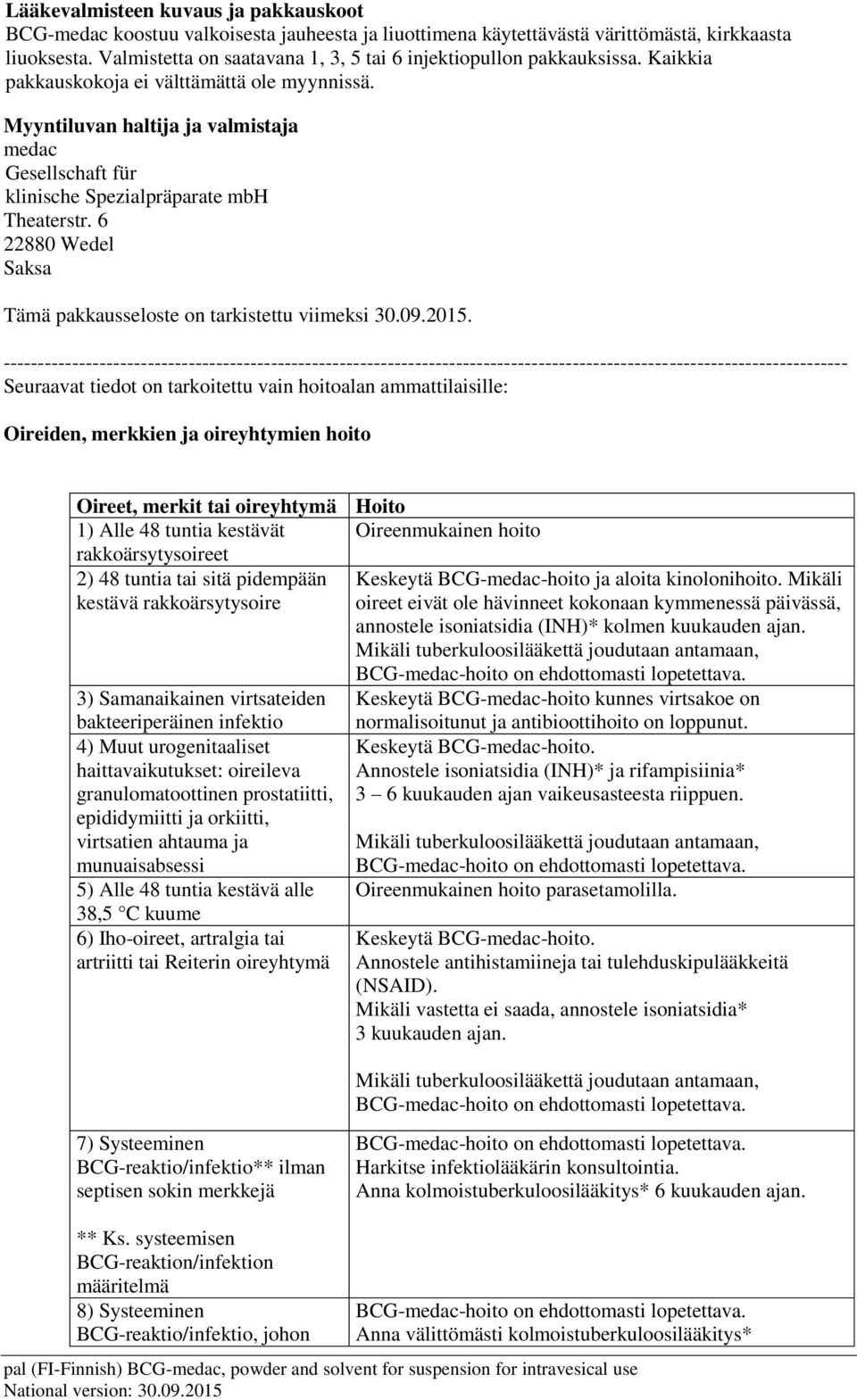 Myyntiluvan haltija ja valmistaja medac Gesellschaft für klinische Spezialpräparate mbh Theaterstr. 6 22880 Wedel Saksa Tämä pakkausseloste on tarkistettu viimeksi 30.09.2015.