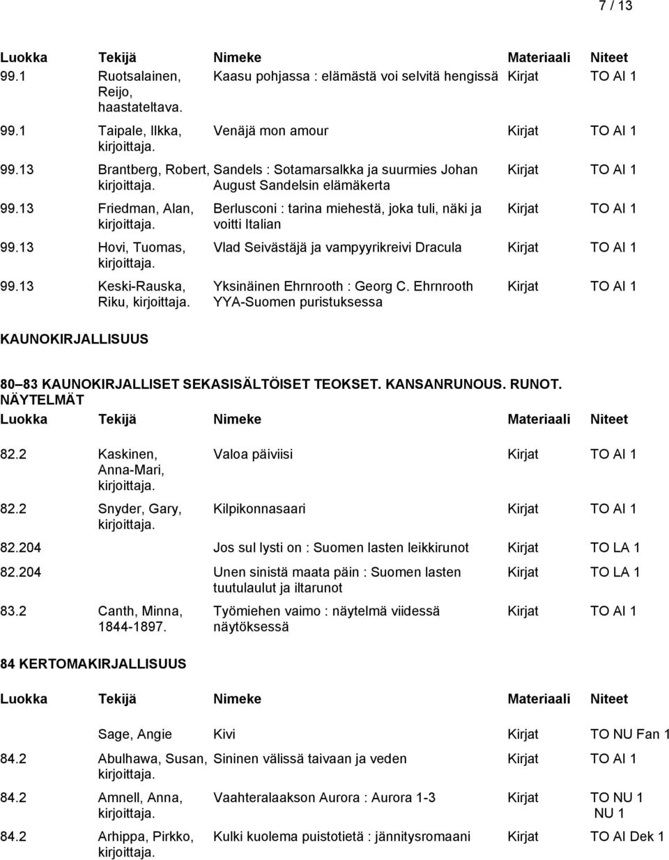 Seivästäjä ja vampyyrikreivi Dracula Yksinäinen Ehrnrooth : Georg C. Ehrnrooth YYA-Suomen puristuksessa 80 83 KAUNOKIRJALLISET SEKASISÄLTÖISET TEOKSET. KANSANRUNOUS. RUNOT. NÄYTELMÄT 82.