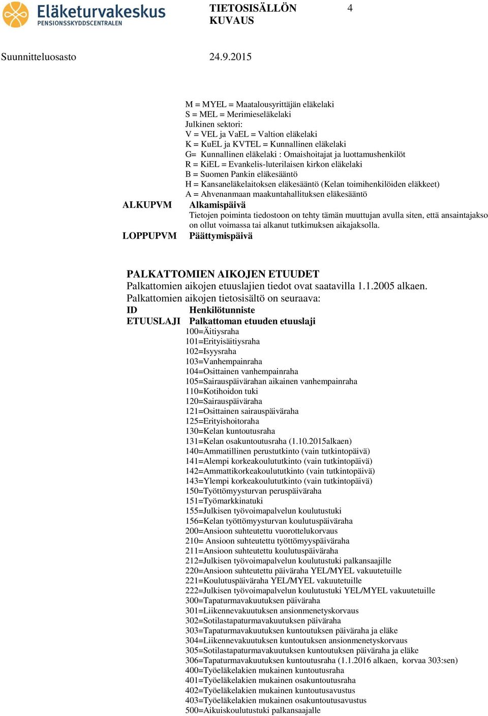 A = Ahvenanmaan maakuntahallituksen eläkesääntö Alkamispäivä Tietojen poiminta tiedostoon on tehty tämän muuttujan avulla siten, että ansaintajakso on ollut voimassa tai alkanut tutkimuksen