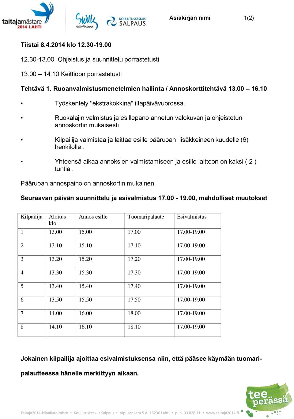 Kilpailija valmistaa ja laittaa esille pääruan lisäkkeineen kuudelle (6) henkilölle. Yhteensä aikaa annksien valmistamiseen ja esille laittn n kaksi ( 2 ) tuntia.