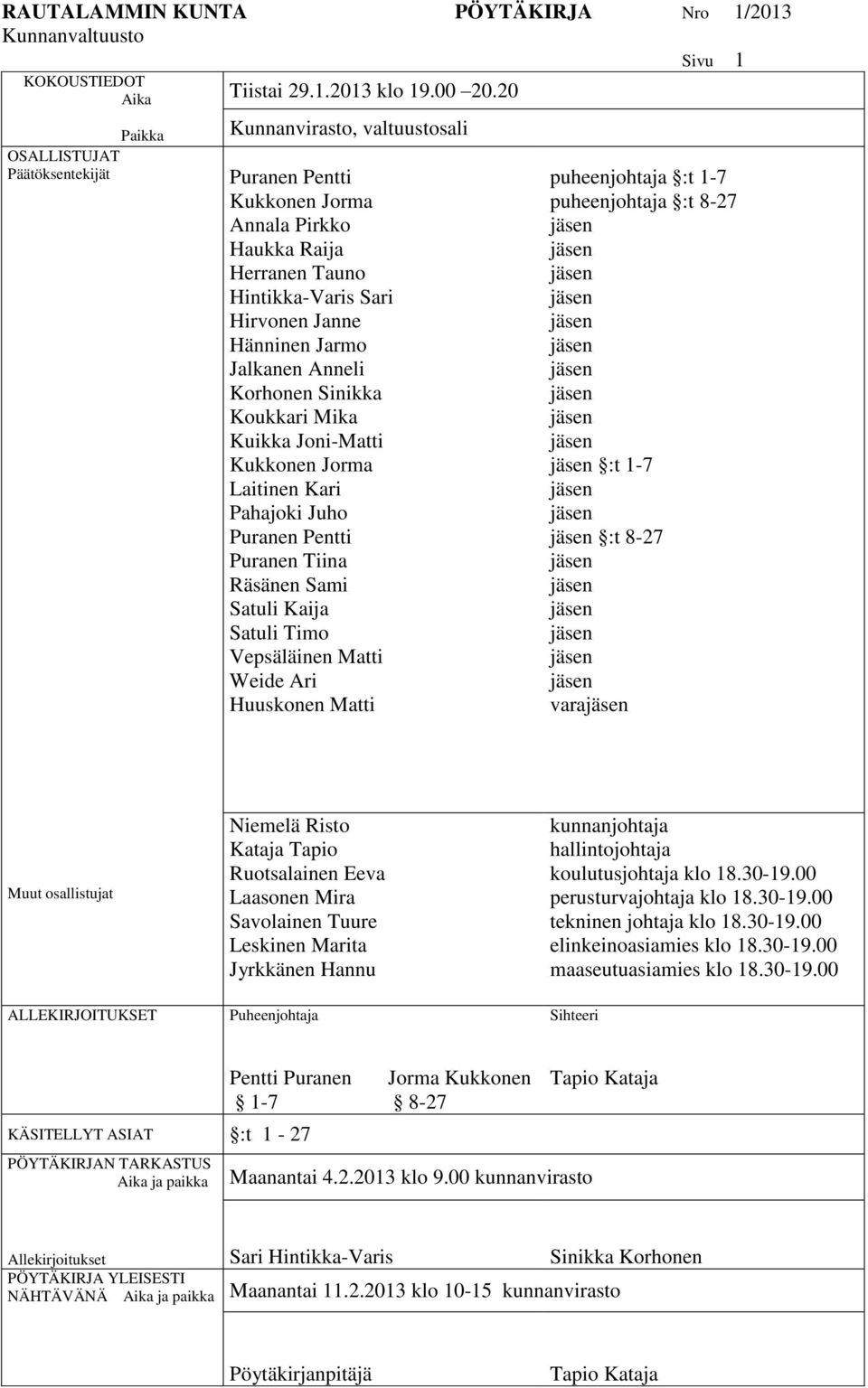 Mika Kuikka Joni-Matti Kukkonen Jorma Laitinen Kari Pahajoki Juho Puranen Pentti Puranen Tiina Räsänen Sami Satuli Kaija Satuli Timo Vepsäläinen Matti Weide Ari Huuskonen Matti puheenjohtaja :t 1-7