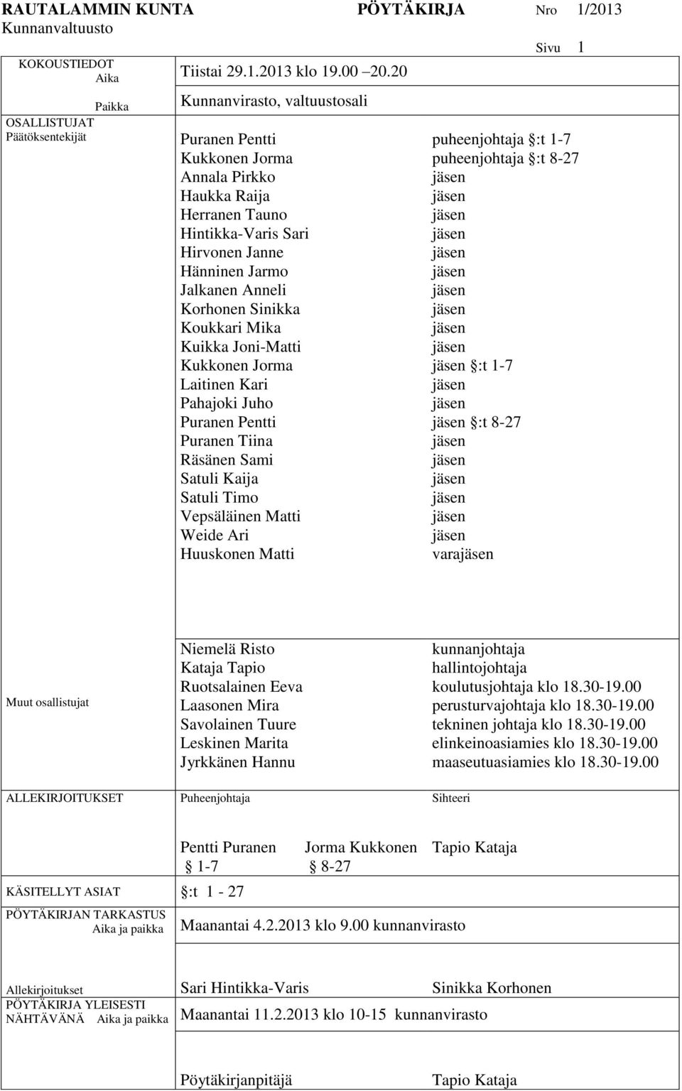 Mika Kuikka Joni-Matti Kukkonen Jorma Laitinen Kari Pahajoki Juho Puranen Pentti Puranen Tiina Räsänen Sami Satuli Kaija Satuli Timo Vepsäläinen Matti Weide Ari Huuskonen Matti puheenjohtaja :t 1-7