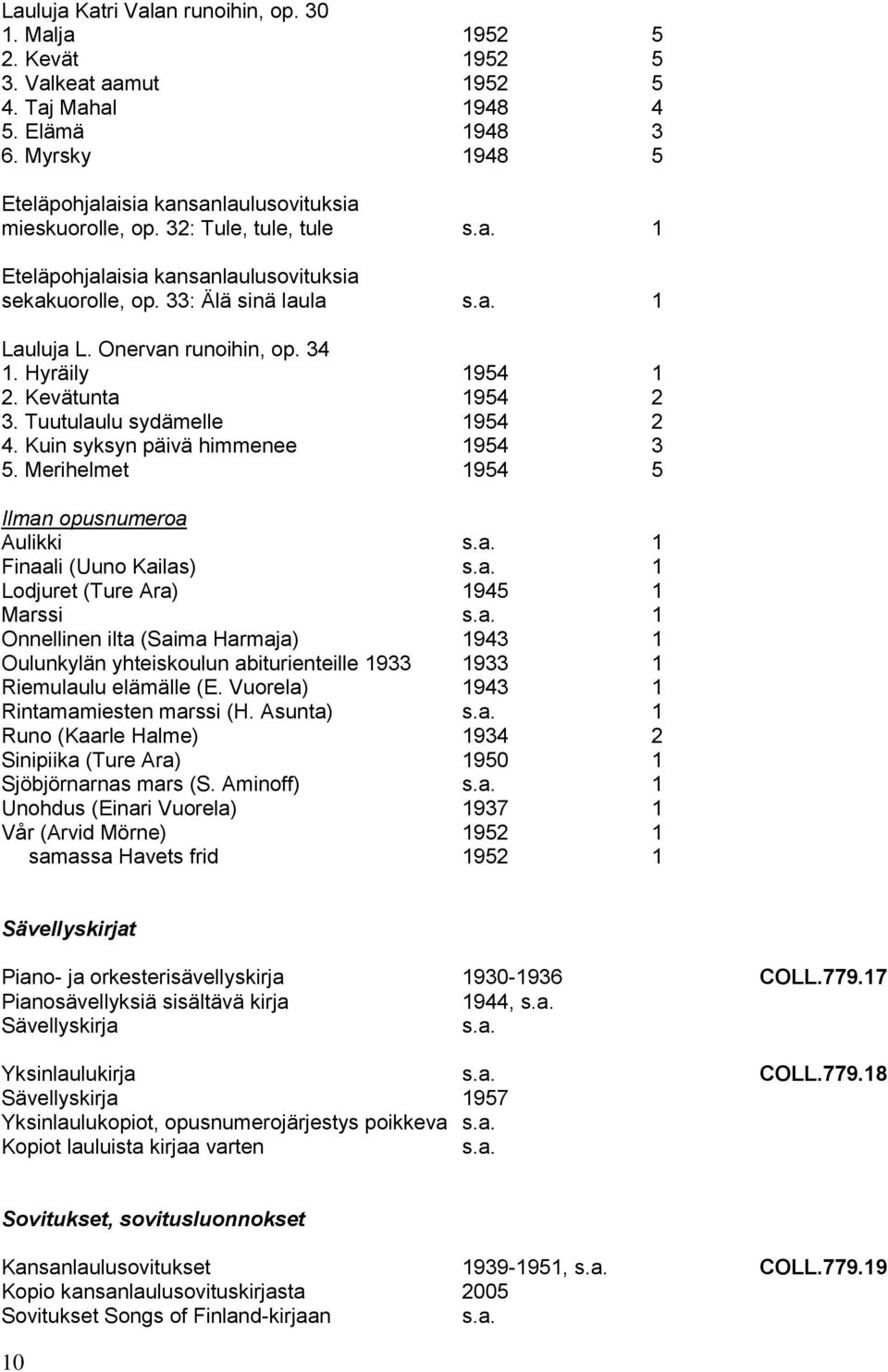 Onervan runoihin, op. 34 1. Hyräily 1954 1 2. Kevätunta 1954 2 3. Tuutulaulu sydämelle 1954 2 4. Kuin syksyn päivä himmenee 1954 3 5.