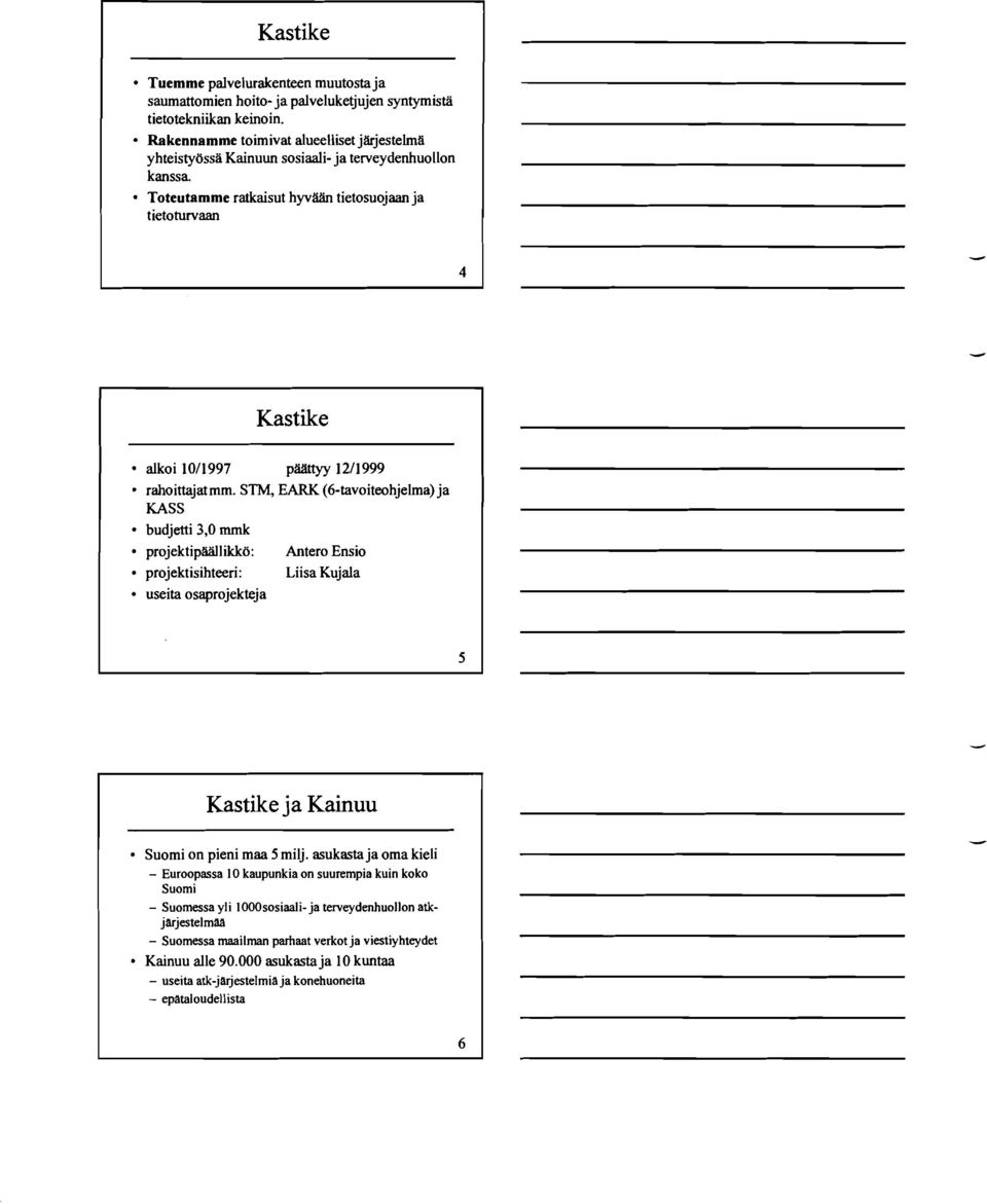 rahoittajatmm. STM, EARK (6-tavoiteohjelma) ja KASS budjetti 3,O mmk projektipaallikkö: Antero Ensio projektisihteeri: Liisa Kujaia useita osaprojekteja 5 Kastike ja Kainuu Suomi on pieni maa 5 milj.