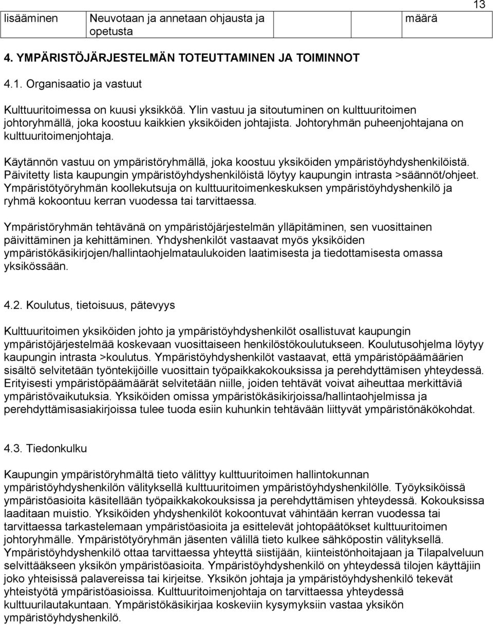Käytännön vastuu on ympäristöryhmällä, joka koostuu yksiköiden ympäristöyhdyshenkilöistä. Päivitetty lista kaupungin ympäristöyhdyshenkilöistä löytyy kaupungin intrasta >säännöt/ohjeet.