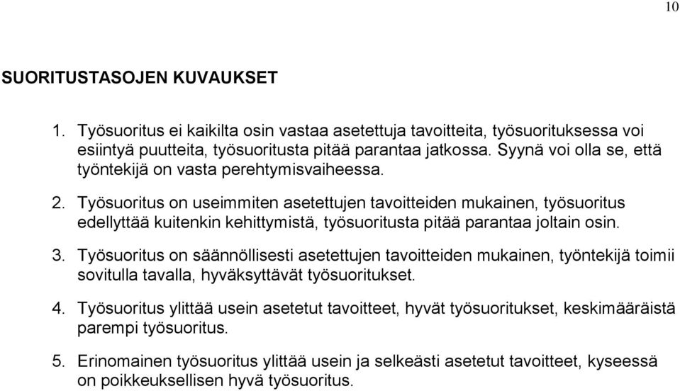 Työsuoritus on useimmiten asetettujen tavoitteiden mukainen, työsuoritus edellyttää kuitenkin kehittymistä, työsuoritusta pitää parantaa joltain osin. 3.