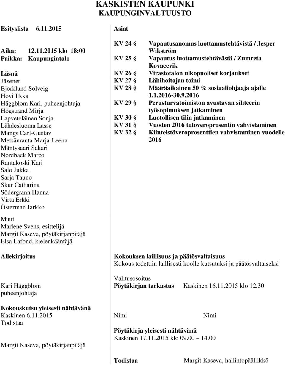 2015 klo 18:00 Paikka: Kaupungintalo Läsnä Jäsenet Björklund Solveig Hovi Ilkka Häggblom Kari, puheenjohtaja Högstrand Mirja Lapveteläinen Sonja Lähdesluoma Lasse Mangs Carl-Gustav Metsänranta