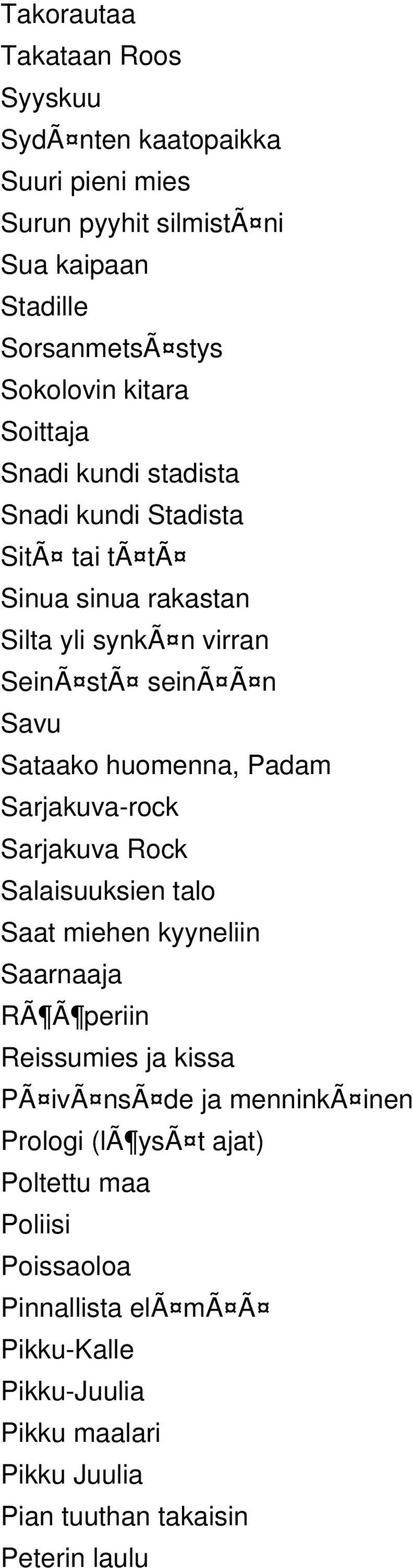 Padam Sarjakuva-rock Sarjakuva Rock Salaisuuksien talo Saat miehen kyyneliin Saarnaaja RÃ Ã periin Reissumies ja kissa PÃ ivã nsã de ja menninkã inen