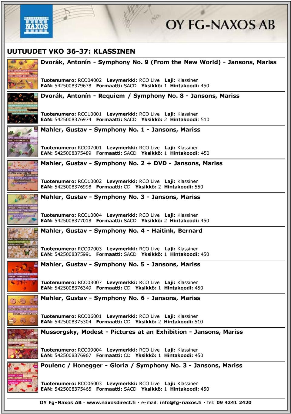 No. 8 - Jansons, Mariss Tuotenumero: RCO10001 Levymerkki: RCO Live Laji: Klassinen EAN: 5425008376974 Formaatti: SACD Yksikkö: 2 Hintakoodi: 510 Mahler, Gustav - Symphony No.
