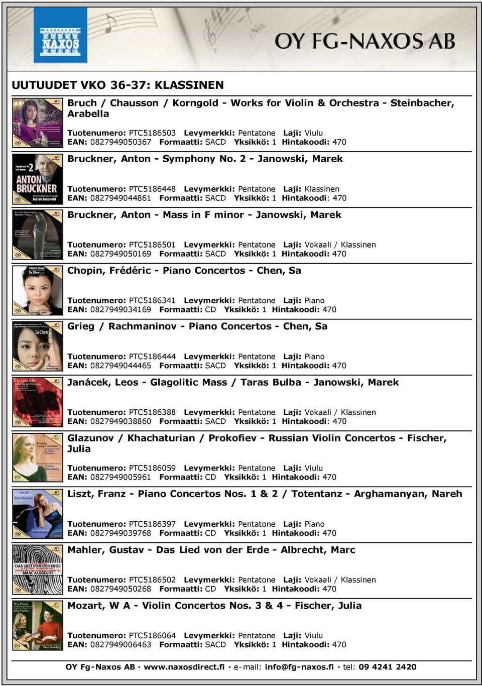 2 - Janowski, Marek Tuotenumero: PTC5186448 Levymerkki: Pentatone Laji: Klassinen EAN: 0827949044861 Formaatti: SACD Yksikkö: 1 Hintakoodi: 470 Bruckner, Anton - Mass in F minor - Janowski, Marek