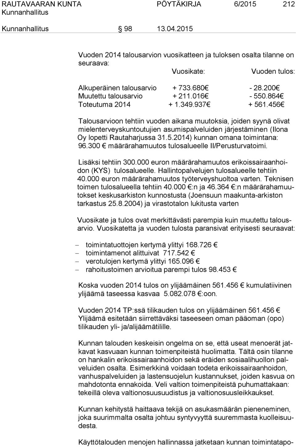 456 Talousarvioon tehtiin vuoden aikana muutoksia, joiden syynä olivat mielenterveyskuntoutujien asumispalveluiden järjestäminen (Ilona Oy lopetti Rautaharjussa 31.5.2014) kunnan omana toimintana: 96.
