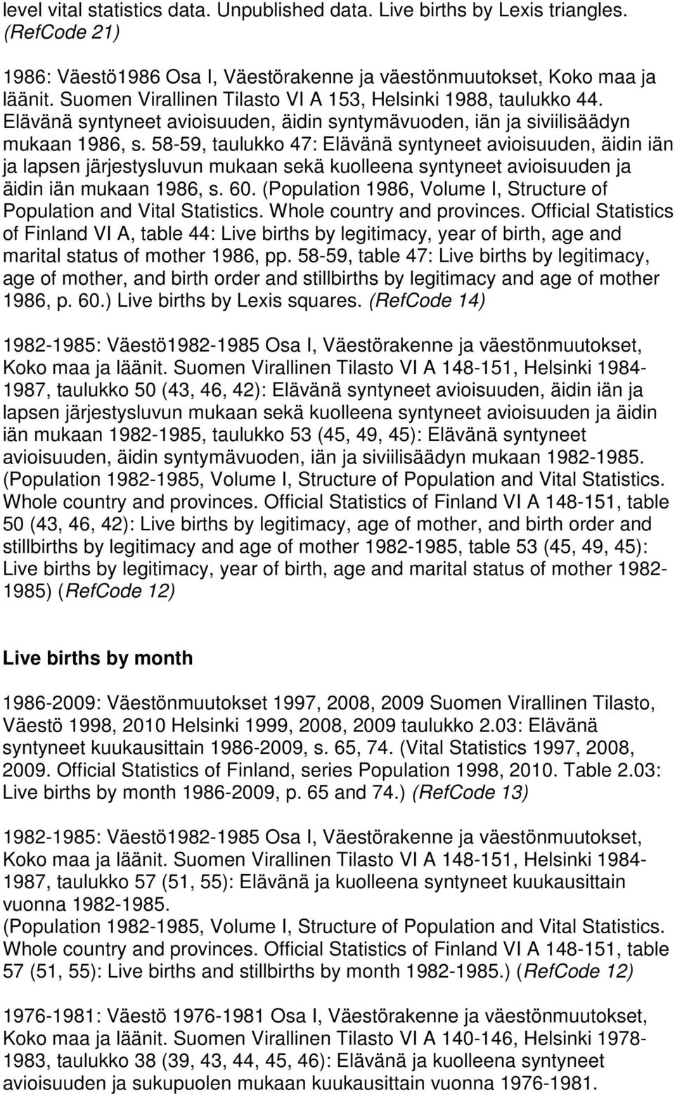 58-59, taulukko 47: Elävänä syntyneet avioisuuden, äidin iän ja lapsen järjestysluvun mukaan sekä kuolleena syntyneet avioisuuden ja äidin iän mukaan 1986, s. 60.