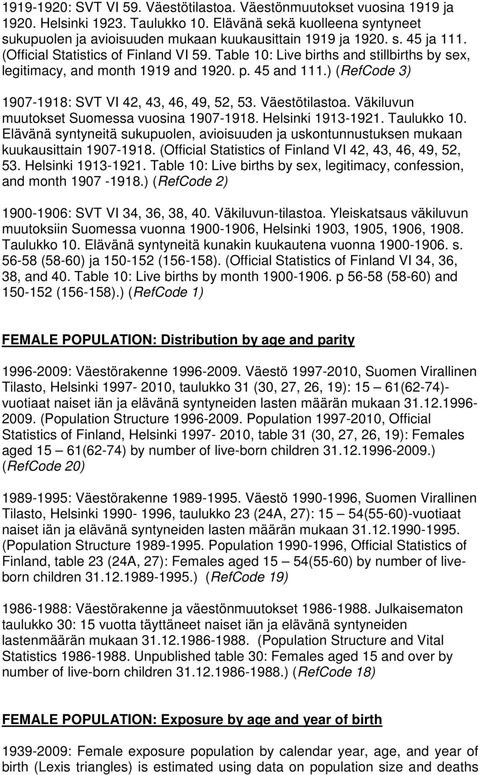 ) (RefCode 3) 1907-1918: SVT VI 42, 43, 46, 49, 52, 53. Väestötilastoa. Väkiluvun muutokset Suomessa vuosina 1907-1918. Helsinki 1913-1921. Taulukko 10.