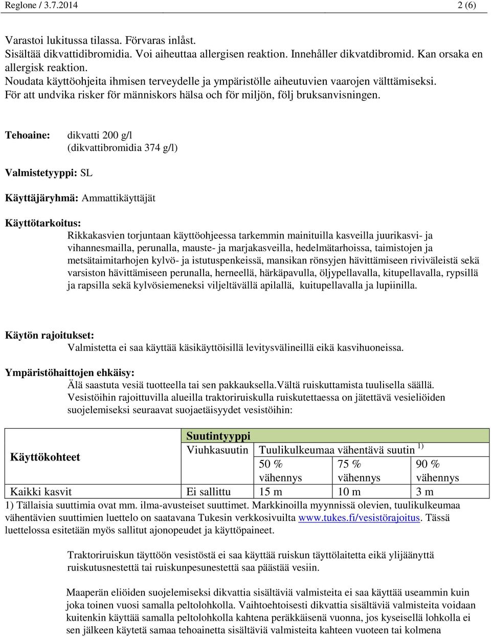 Tehoaine: dikvatti 200 g/l (dikvattibromidia 374 g/l) Valmistetyyppi: SL Käyttäjäryhmä: Ammattikäyttäjät Käyttötarkoitus: Rikkakasvien torjuntaan käyttöohjeessa tarkemmin mainituilla kasveilla