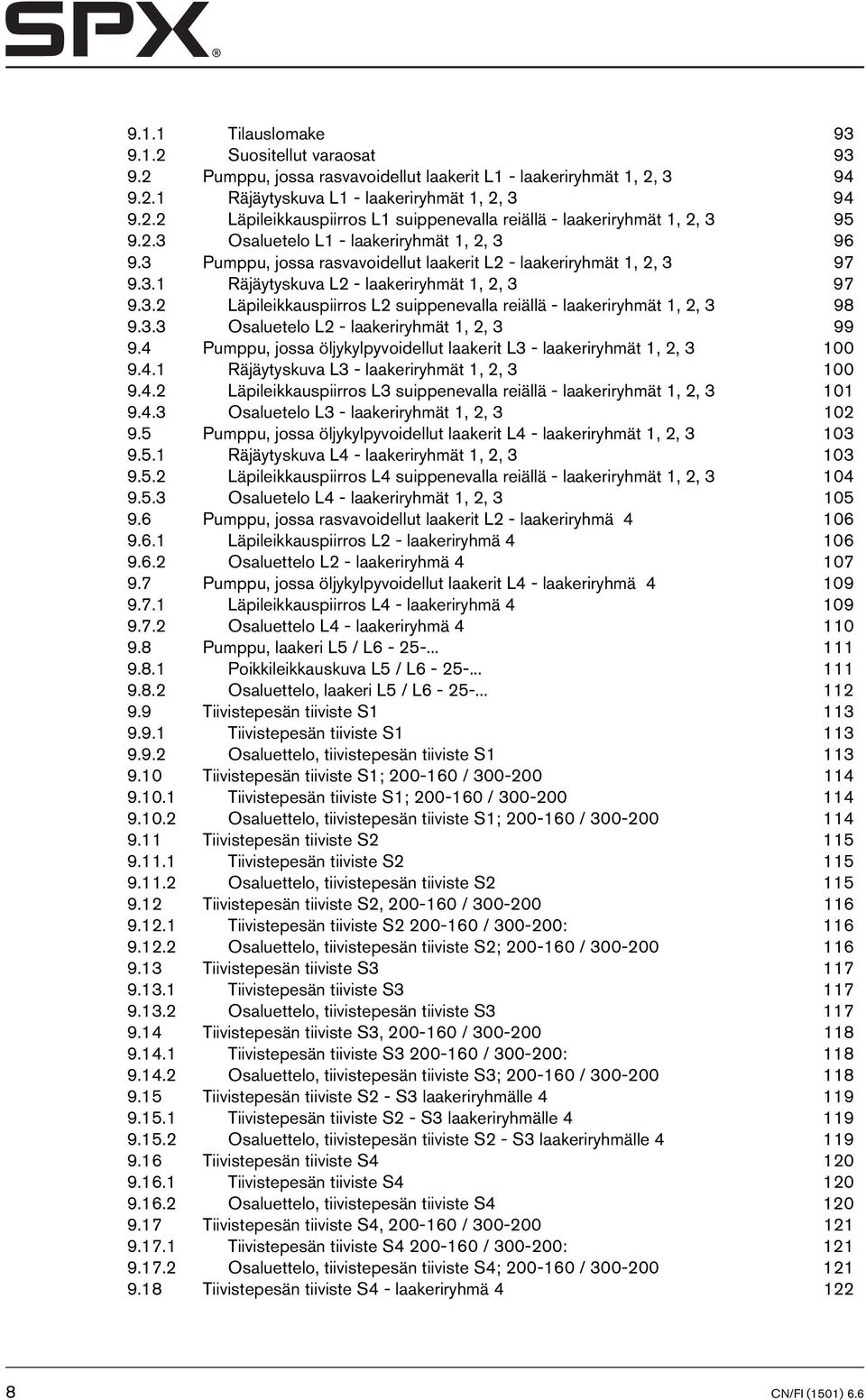 3.3 Osaluetelo L2 - laakeriryhmät 1, 2, 3 99 9.4 Pumppu, jossa öljykylpyvoidellut laakerit L3 - laakeriryhmät 1, 2, 3 100 9.4.1 Räjäytyskuva L3 - laakeriryhmät 1, 2, 3 100 9.4.2 Läpileikkauspiirros L3 suippenevalla reiällä - laakeriryhmät 1, 2, 3 101 9.
