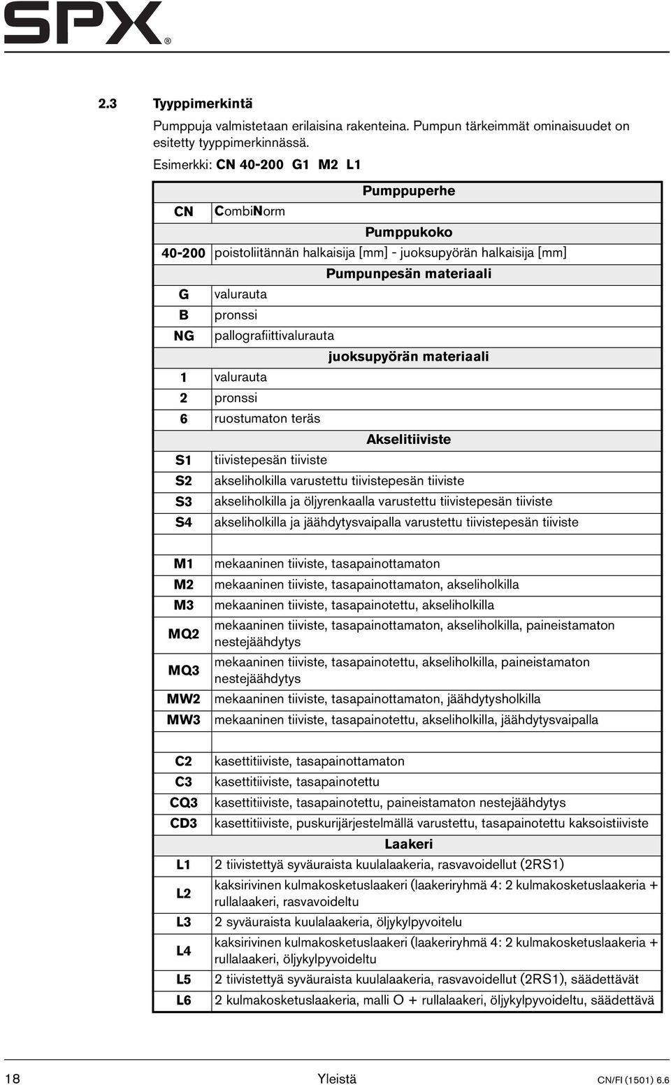 pronssi 6 ruostumaton teräs S1 S2 S3 S4 tiivistepesän tiiviste Pumpunpesän materiaali juoksupyörän materiaali Akselitiiviste akseliholkilla varustettu tiivistepesän tiiviste akseliholkilla ja