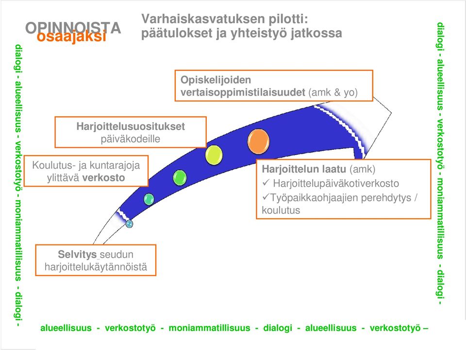 Opiskelijoiden vertaisoppimistilaisuudet (amk & yo) Harjoittelun laatu (amk) Harjoittelupäiväkotiverkosto Työpaikkaohjaajien perehdytys /