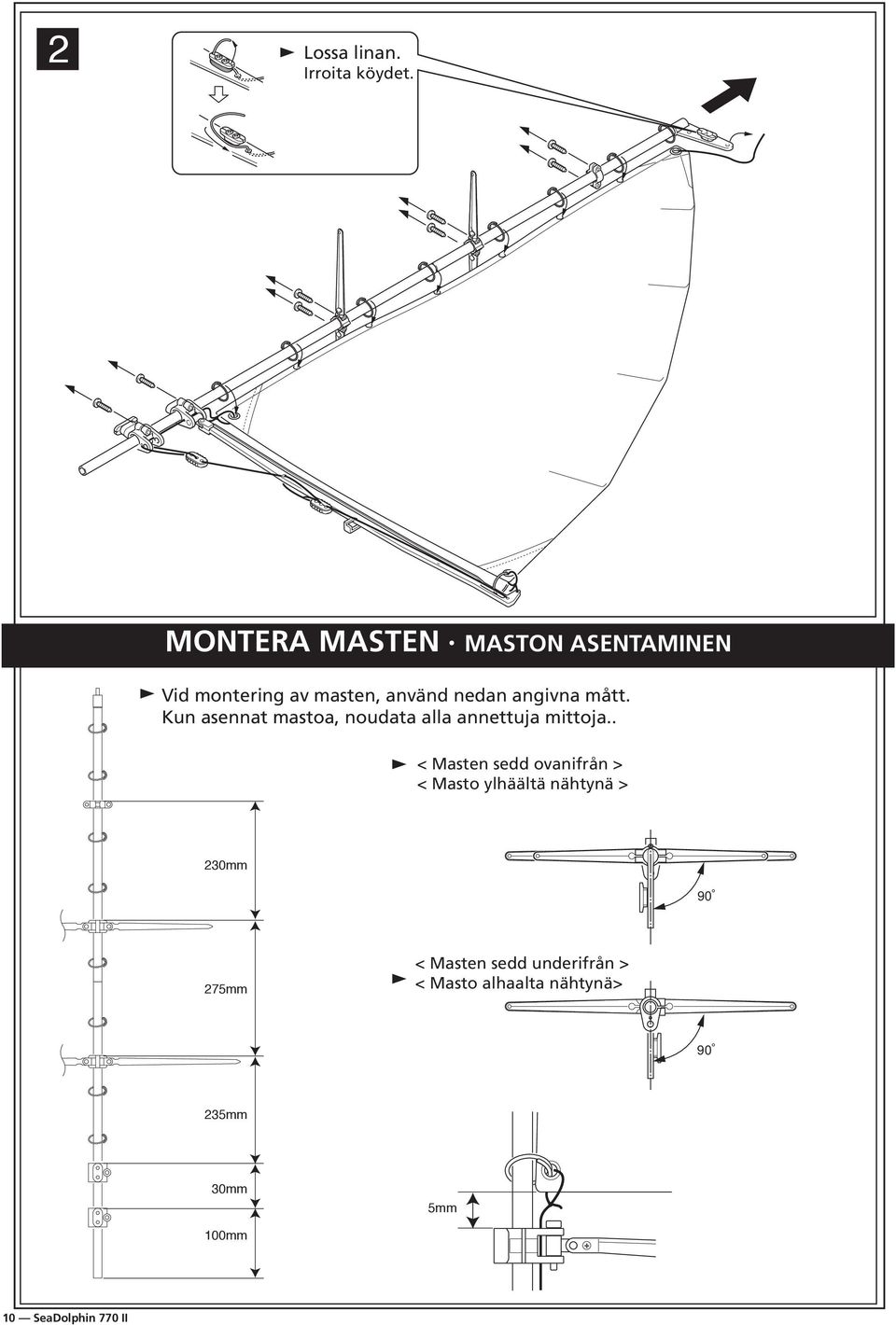 Kun asennat mastoa, noudata alla annettuja mittoja.