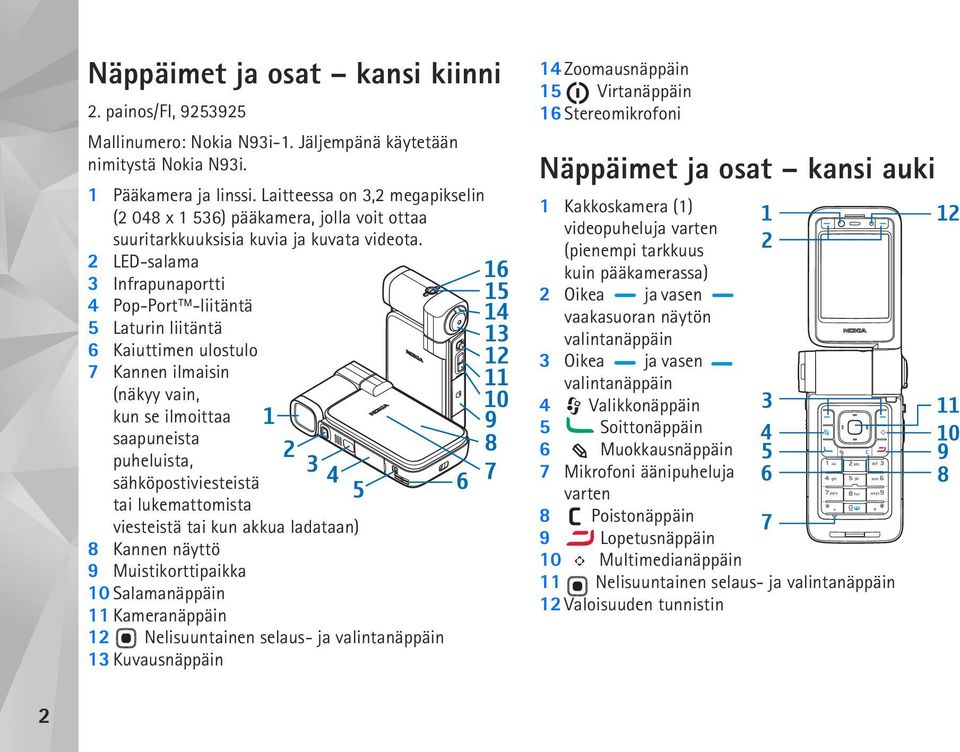 2 LED-salama 3 Infrapunaportti 4 Pop-Port -liitäntä 5 Laturin liitäntä 6 Kaiuttimen ulostulo 7 Kannen ilmaisin (näkyy vain, kun se ilmoittaa saapuneista puheluista, sähköpostiviesteistä tai