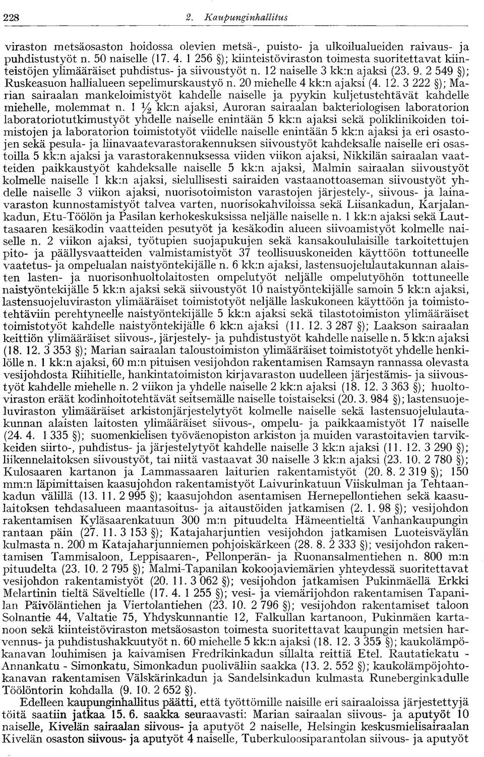 20 miehelle 4 kk:n ajaksi (4. 12. 3 222 ); Marian sairaalan mankeloimistyöt kahdelle naiselle ja pyykin kuljetustehtävät kahdelle miehelle, molemmat n.