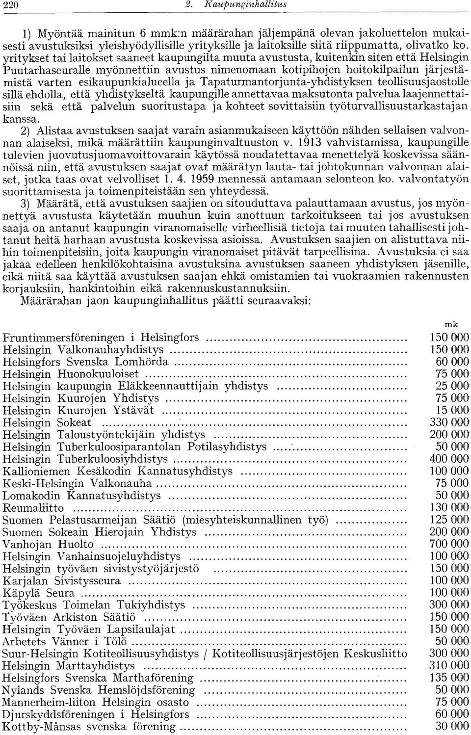 yritykset tai laitokset saaneet kaupungilta muuta avustusta, kuitenkin siten että Helsingin Puutarhaseuralle myönnettiin avustus nimenomaan kotipihojen hoitokilpailun järjestämistä varten