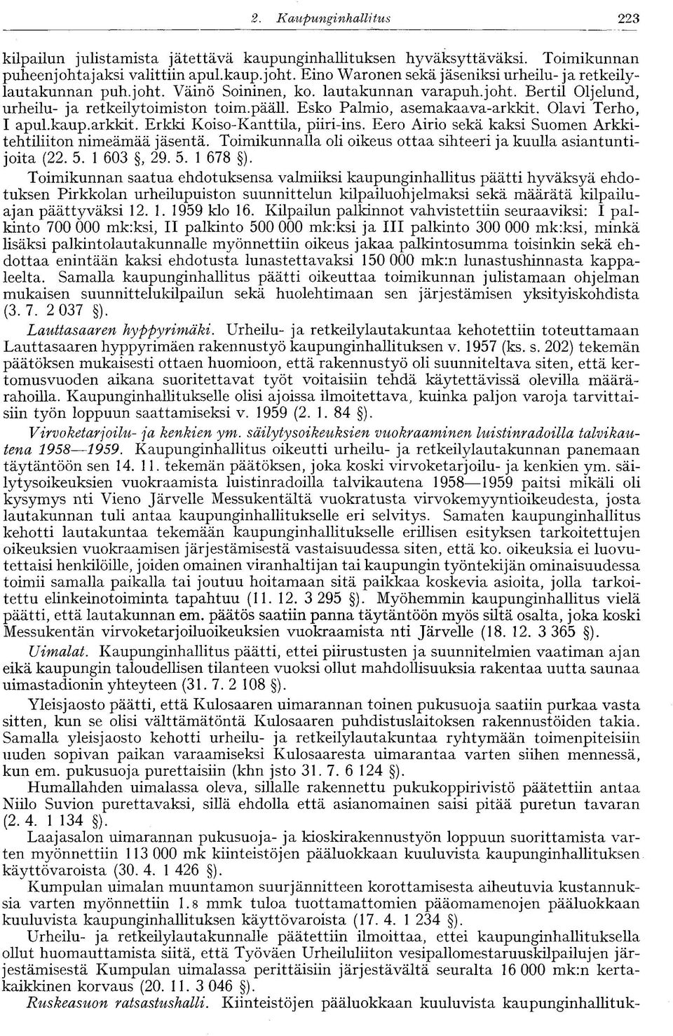 Eero Airio sekä kaksi Suomen Arkkitehtiliiton nimeämää jäsentä. Toimikunnalla oli oikeus ottaa sihteeri ja kuulla asiantuntijoita (22. 5. 1 603, 29. 5. 1 678 ).