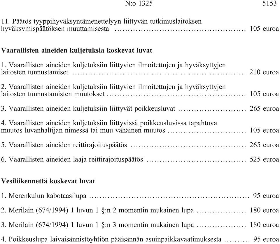 Vaarallisten aineiden kuljetuksiin liittyvien ilmoitettujen ja hyväksyttyjen laitosten tunnustamisten muutokset... 105 euroa 3. Vaarallisten aineiden kuljetuksiin liittyvät poikkeusluvat... 265 euroa 4.