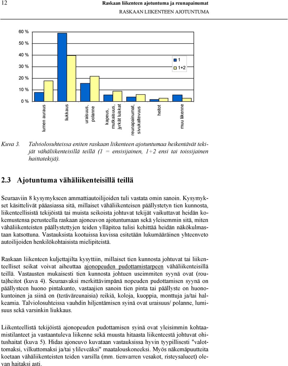 Talviolosuhteissa eniten raskaan liikenteen ajotuntumaa heikentävät tekijät vähäliikenteisillä teillä (1 = ensisijainen, 1+2 ensi tai toissijainen haittatekijä). 2.