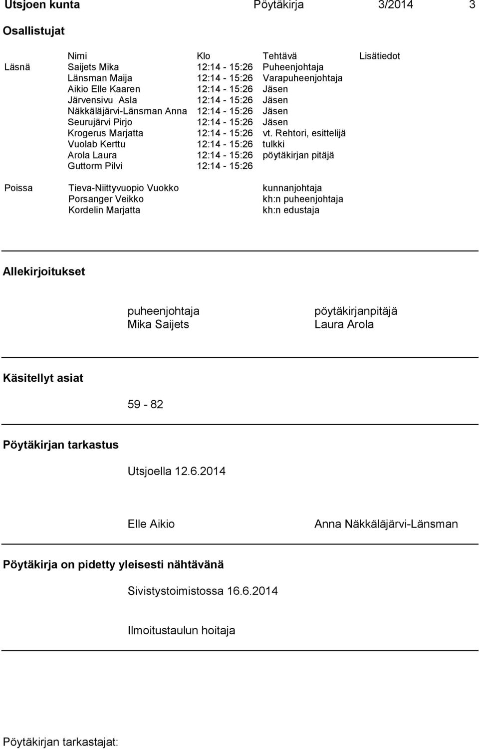 Rehtori, esittelijä Vuolab Kerttu 12:14-15:26 tulkki Arola Laura 12:14-15:26 pöytäkirjan pitäjä Guttorm Pilvi 12:14-15:26 Poissa Tieva-Niittyvuopio Vuokko kunnanjohtaja Porsanger Veikko kh:n