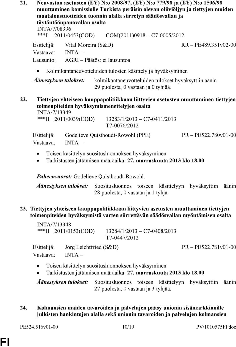 351v02-00 Lausunto: AGRI Päätös: ei lausuntoa Kolmikantaneuvotteluiden tulosten käsittely ja hyväksyminen kolmikantaneuvotteluiden tulokset hyväksyttiin äänin 29 puolesta, 0 vastaan ja 0 tyhjää. 22.