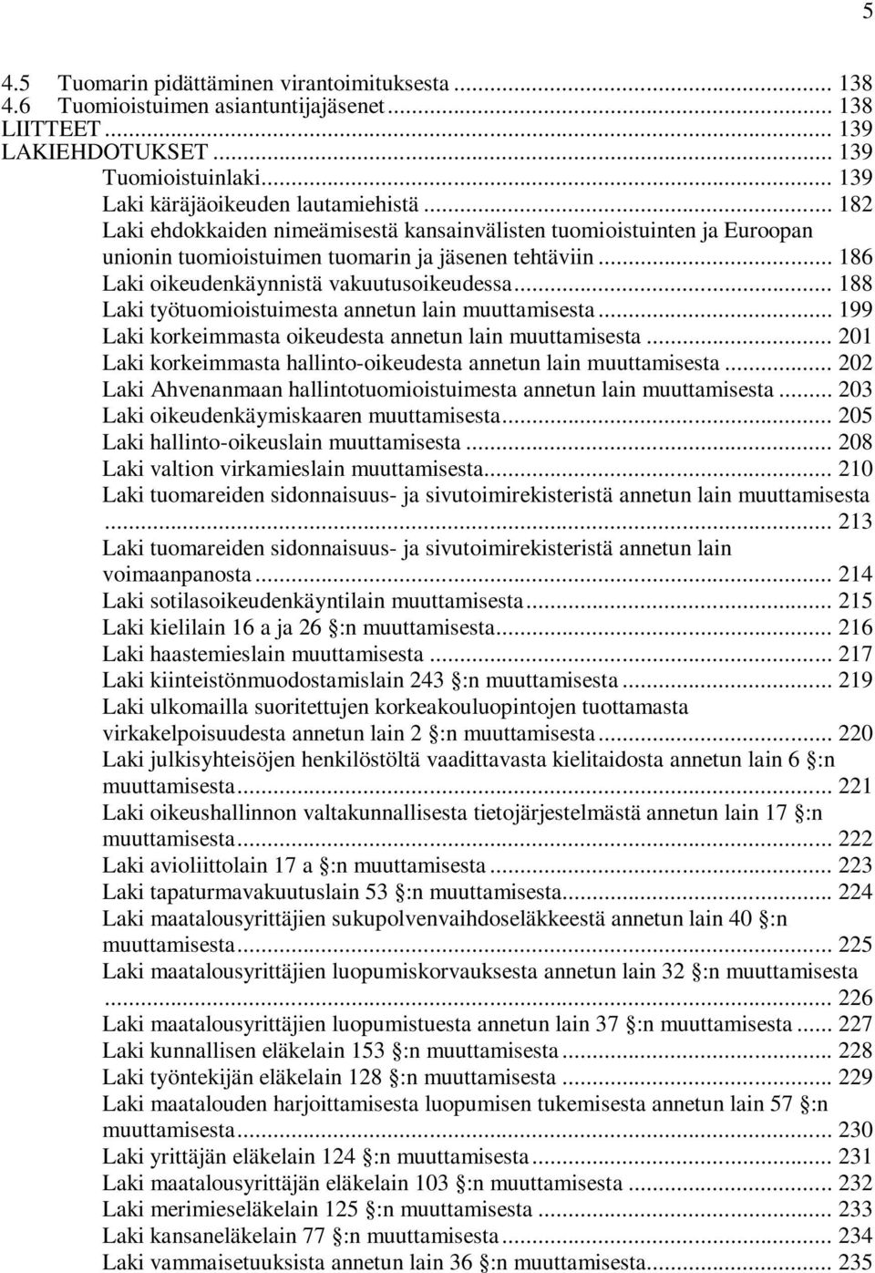 .. 188 Laki työtuomioistuimesta annetun lain muuttamisesta... 199 Laki korkeimmasta oikeudesta annetun lain muuttamisesta... 201 Laki korkeimmasta hallinto-oikeudesta annetun lain muuttamisesta.