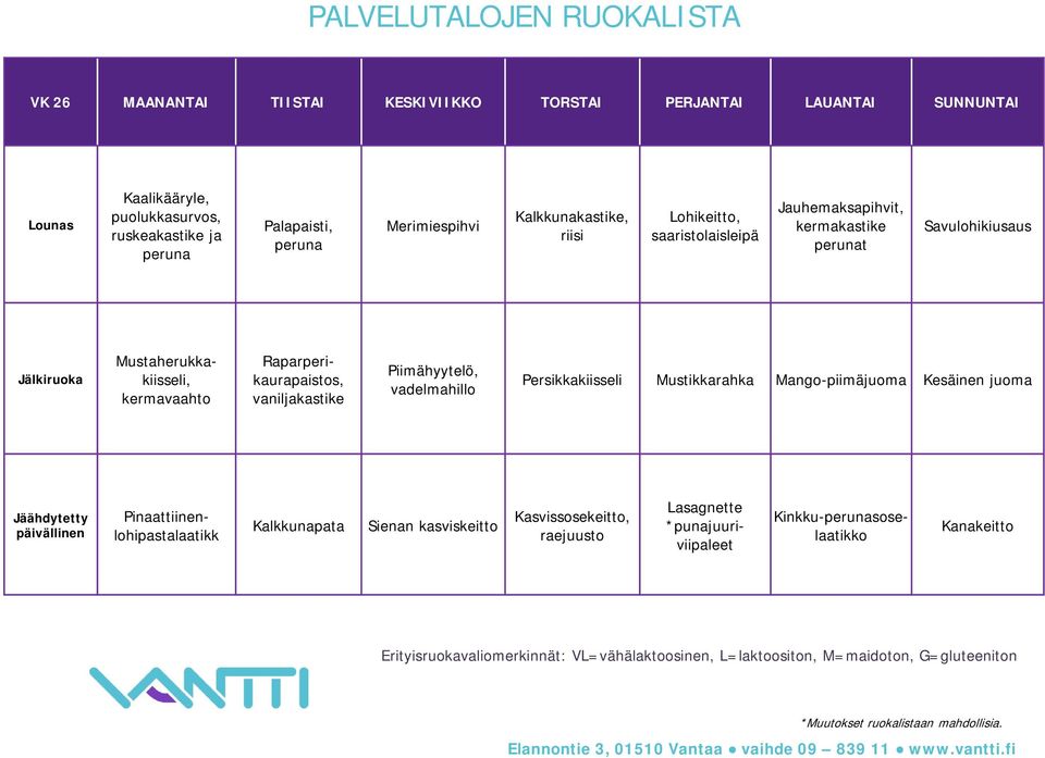 kermavaahto Raparperikaurapaistos, vaniljakastike Piimähyytelö, vadelmahillo Persikkakiisseli Mustikkarahka Mango-piimäjuoma Kesäinen