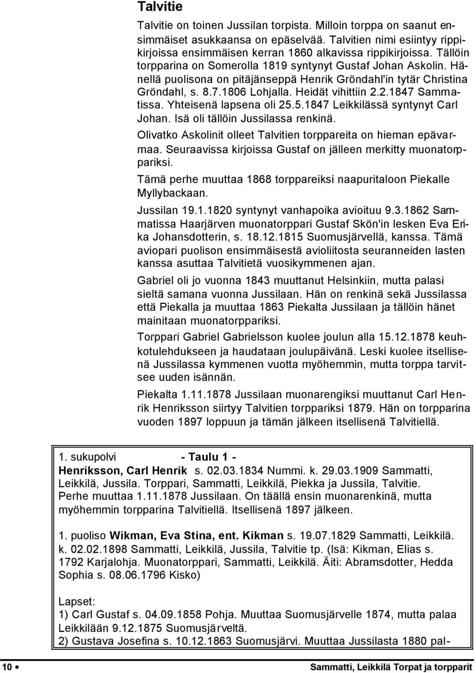 2.1847 Sammatissa. Yhteisenä lapsena oli 25.5.1847 Leikkilässä syntynyt Carl Johan. Isä oli tällöin Jussilassa renkinä. Olivatko Askolinit olleet Talvitien torppareita on hieman epävarmaa.