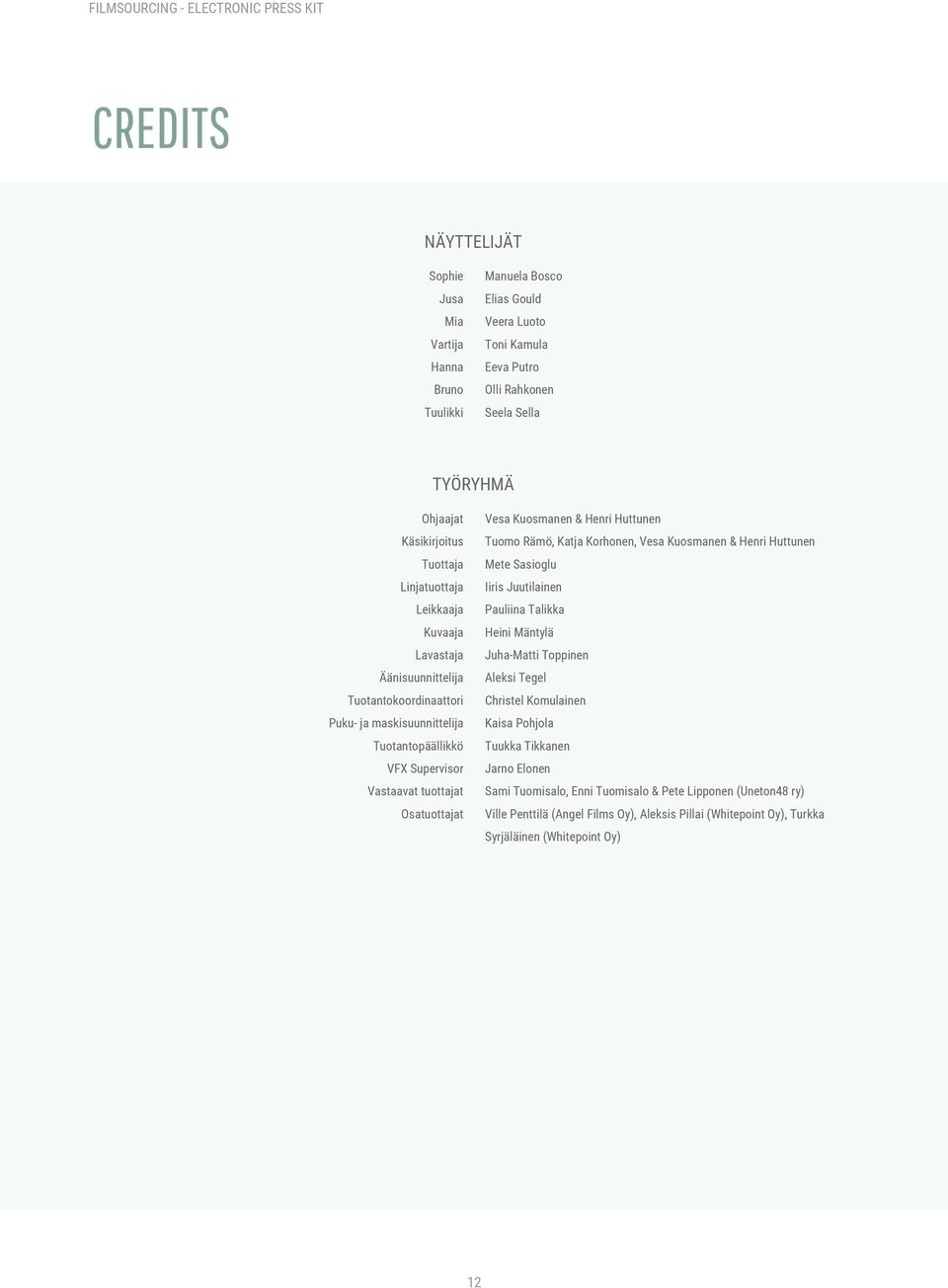 Henri Huttunen Tuomo Rämö, Katja Korhonen, Vesa Kuosmanen & Henri Huttunen Mete Sasioglu Iiris Juutilainen Pauliina Talikka Heini Mäntylä Juha-Matti Toppinen Aleksi Tegel Christel Komulainen