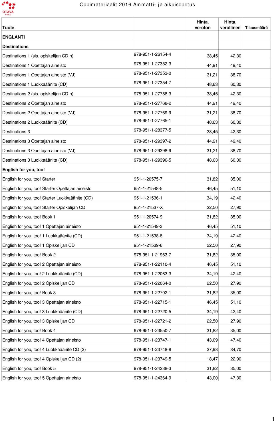 Luokkaäänite (CD) 978-951-1-27354-7 48,63 60,30 Destinations 2 (sis.