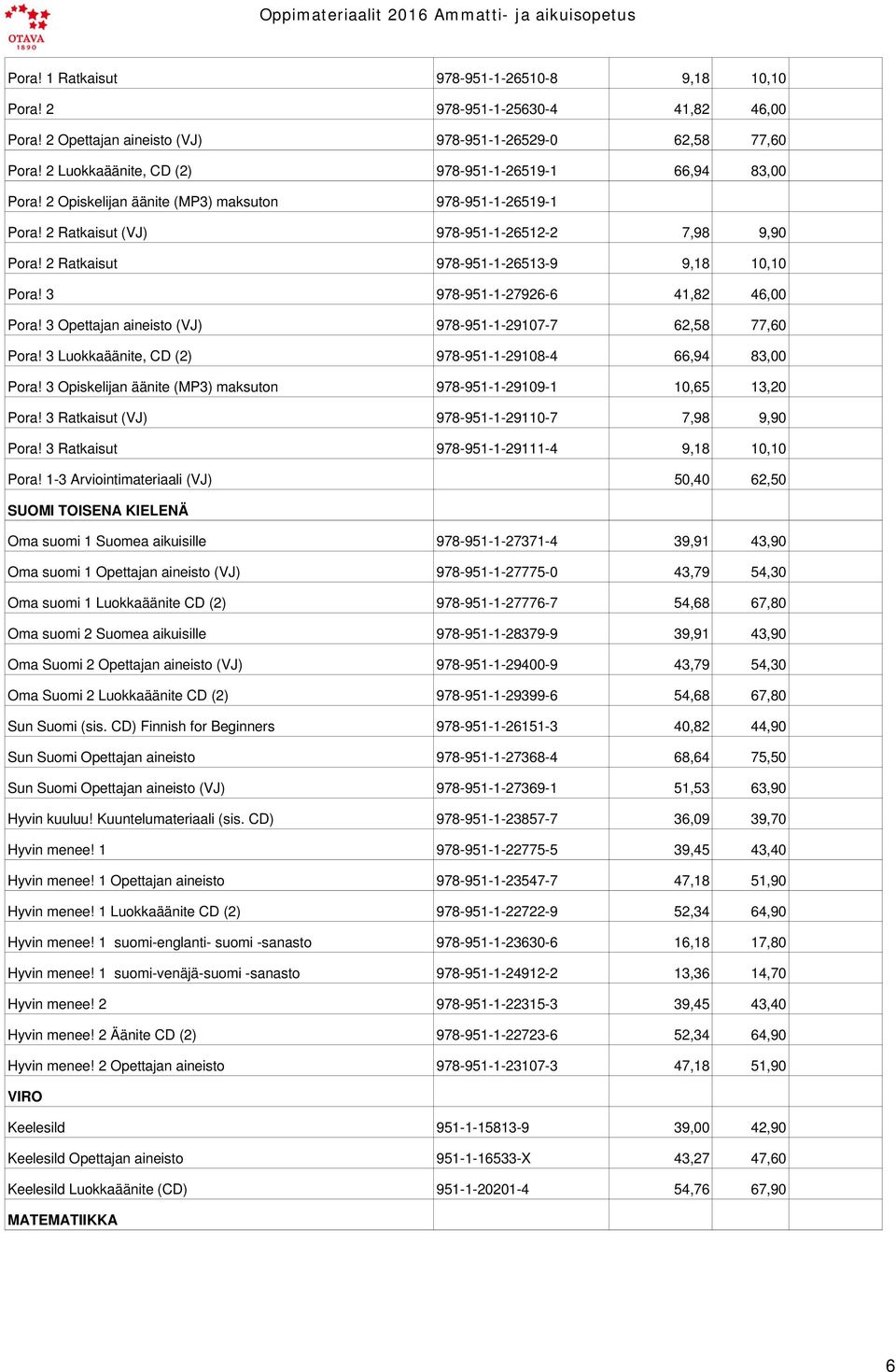 2 Ratkaisut 978-951-1-26513-9 9,18 10,10 Pora! 3 978-951-1-27926-6 41,82 46,00 Pora! 3 Opettajan aineisto (VJ) 978-951-1-29107-7 62,58 77,60 Pora!