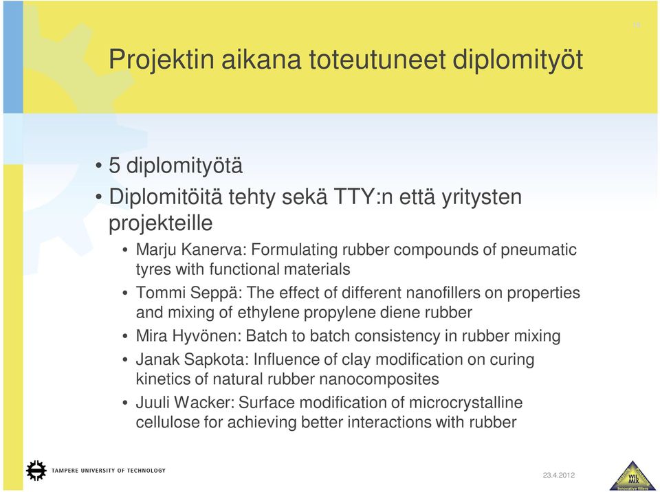 ethylene propylene diene rubber Mira Hyvönen: Batch to batch consistency in rubber mixing Janak Sapkota: Influence of clay modification on curing