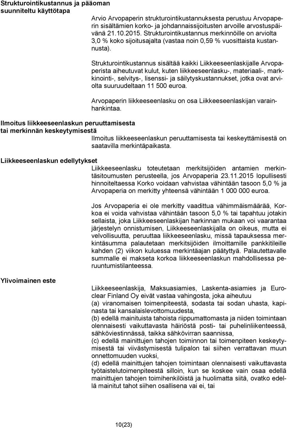 Strukturointikustannus sisältää kaikki Liikkeeseenlaskijalle Arvopaperista aiheutuvat kulut, kuten liikkeeseenlasku-, materiaali-, markkinointi-, selvitys-, lisenssi- ja säilytyskustannukset, jotka