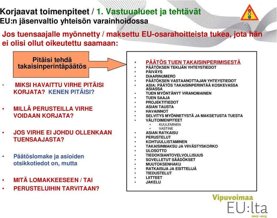 takaisinperintäpäätös MIKSI HAVAITTU VIRHE PITÄISI KORJATA? KENEN PITÄISI? MILLÄ PERUSTEILLA VIRHE VOIDAAN KORJATA? JOS VIRHE EI JOHDU OLLENKAAN TUENSAAJASTA?