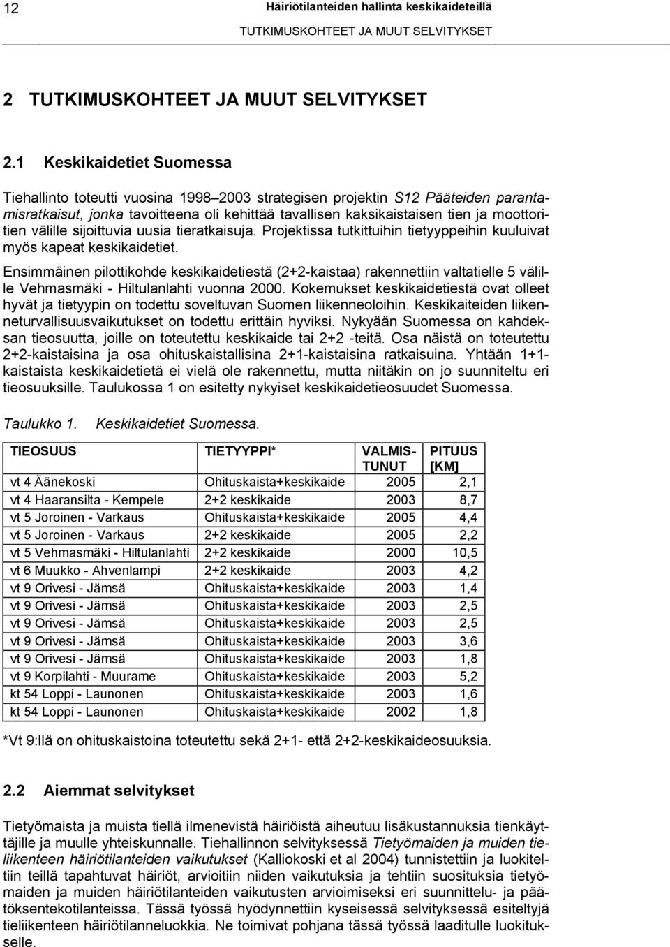moottoritien välille sijoittuvia uusia tieratkaisuja. Projektissa tutkittuihin tietyyppeihin kuuluivat myös kapeat keskikaidetiet.