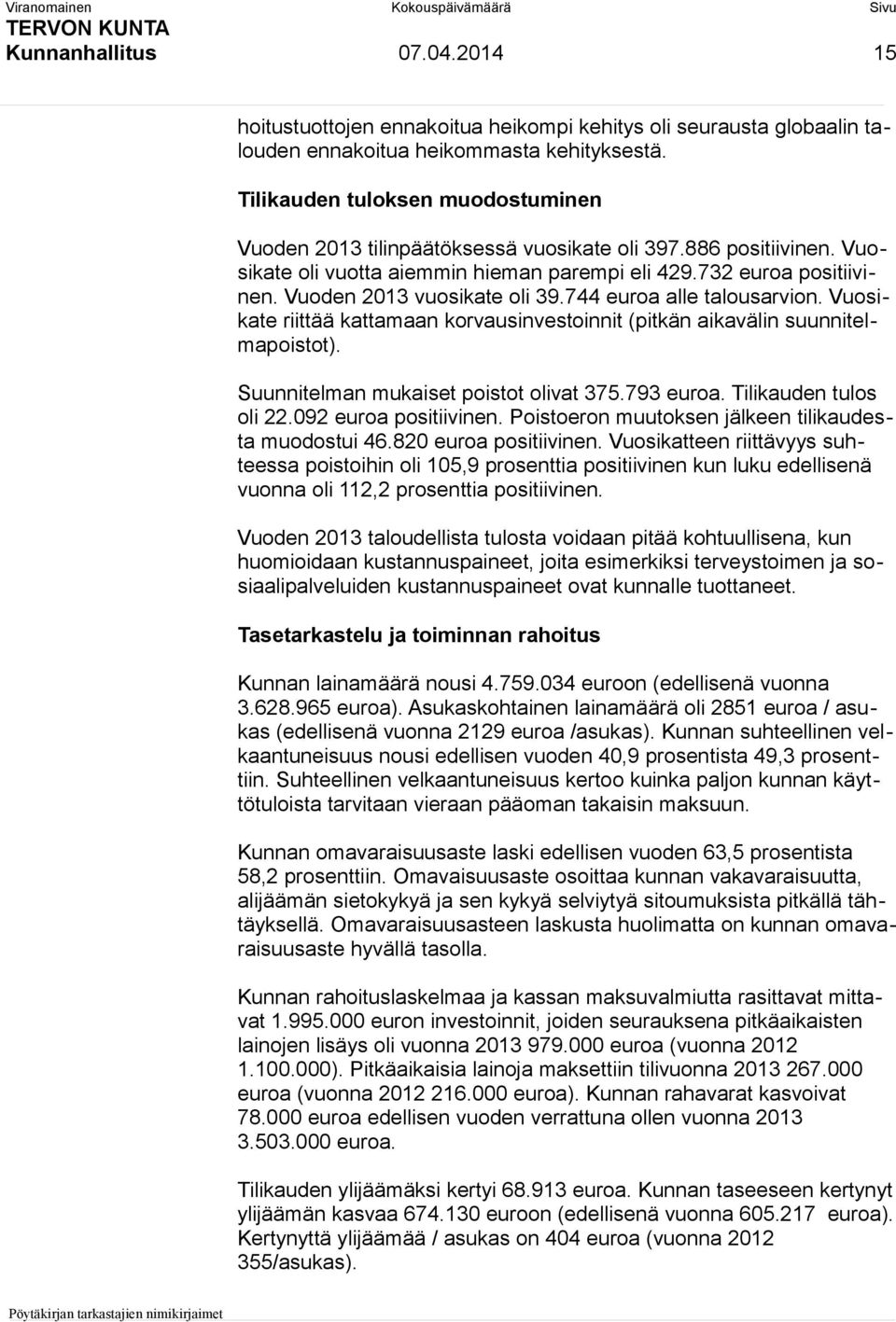 Vuoden 2013 vuosikate oli 39.744 euroa alle talousarvion. Vuosikate riittää kattamaan korvausinvestoinnit (pitkän aikavälin suunnitelmapoistot). Suunnitelman mukaiset poistot olivat 375.793 euroa.