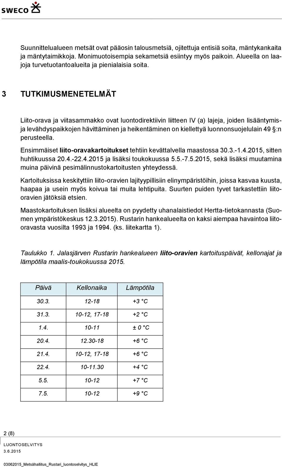 3 TUTKIMUSMENETELMÄT Liito-orava ja viitasammakko ovat luontodirektiivin liitteen IV (a) lajeja, joiden lisääntymisja levähdyspaikkojen hävittäminen ja heikentäminen on kiellettyä luonnonsuojelulain